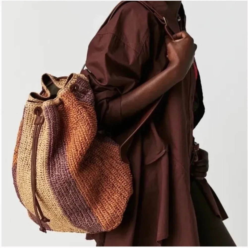 Free People Raffia Drawstring Backpack - Brown, Tan, Purple